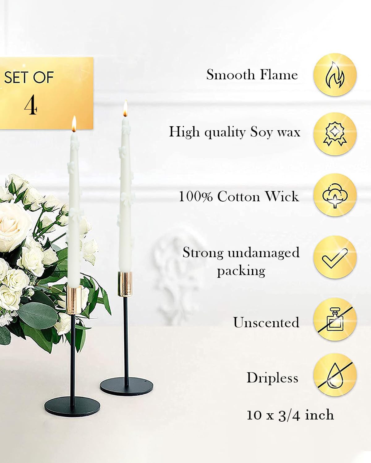 LPUSA White Taper Candle Candlestick Bow Soy Candles Unscented Wedding Party Wax Unscented Dinner Candle Dripless,10 inch,Set of 4,J1