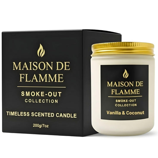 MAISON DE FLAMME Vanilla & Coconut Odor-Eliminating Scented Candle (White Jar, 200g/7oz) | Long-Lasting Premium Soy Wax Candle for Smoke, Kitchen & Pet Odors