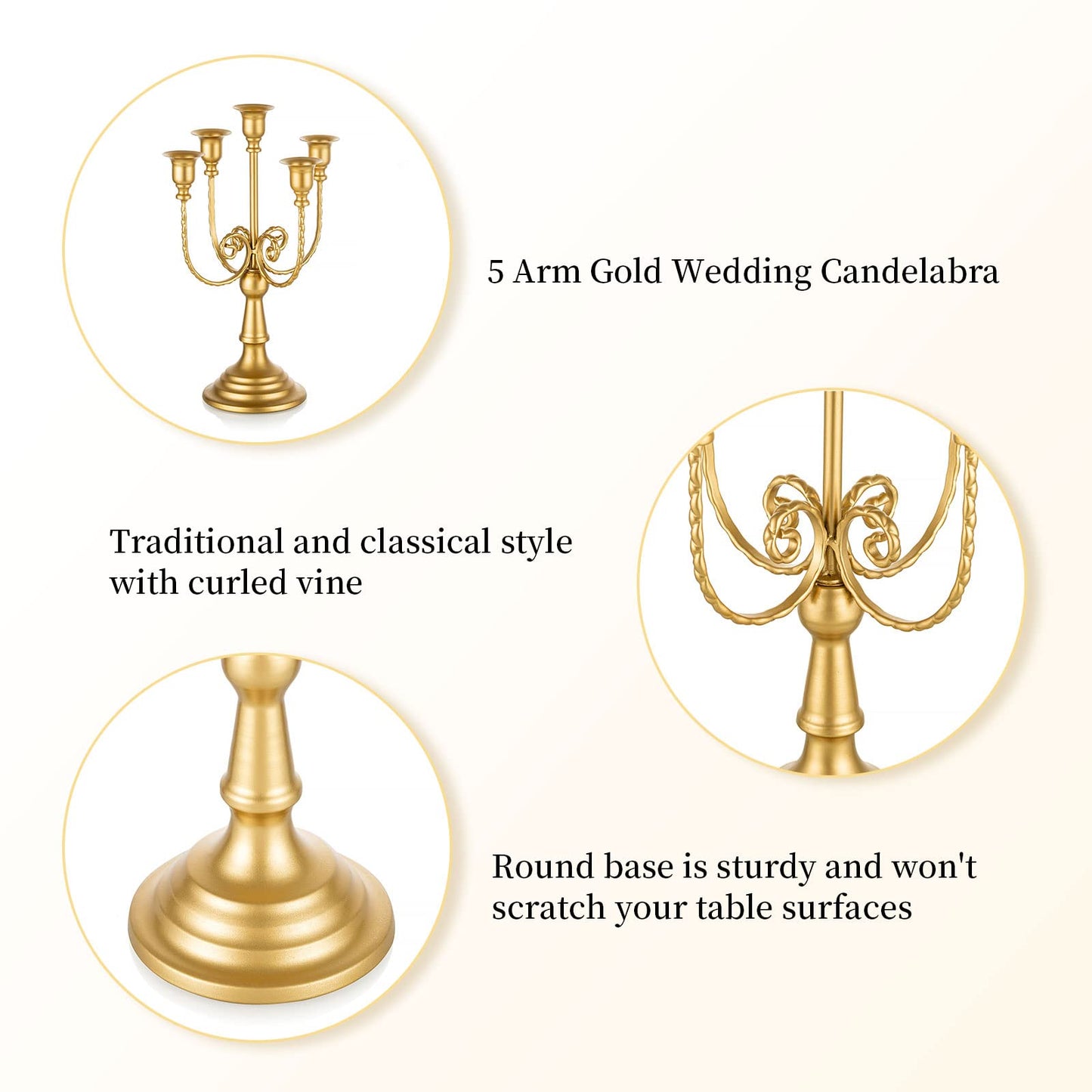 Romadedi Candelabra Gold Candle Holders - 5 Arm 11.8" Wedding Candlestick Holder for Theme Party Table Centerpiece Decor Dining Room Birthday Holiday Christmas, Set of 6