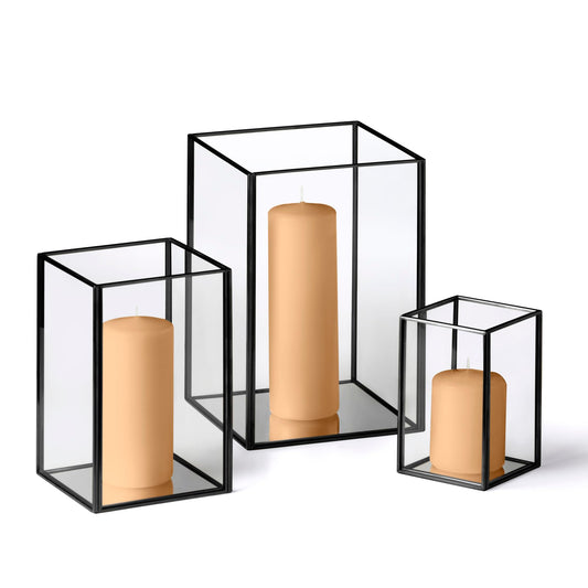 Yummi Set of 36 Slim Pillar Candles & Black Luxus Lanterns - Caramel