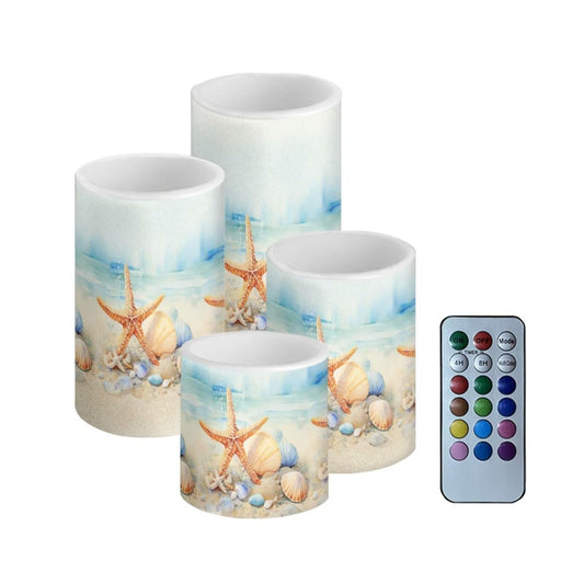 NETILGEN Flameless Candles Battery Powered LED Candles with Remote Timer Color Changing Control Long Lasting for Indoor Outdoor Home Coastal Decoration Pack of 4, Starfish Seashell Painting