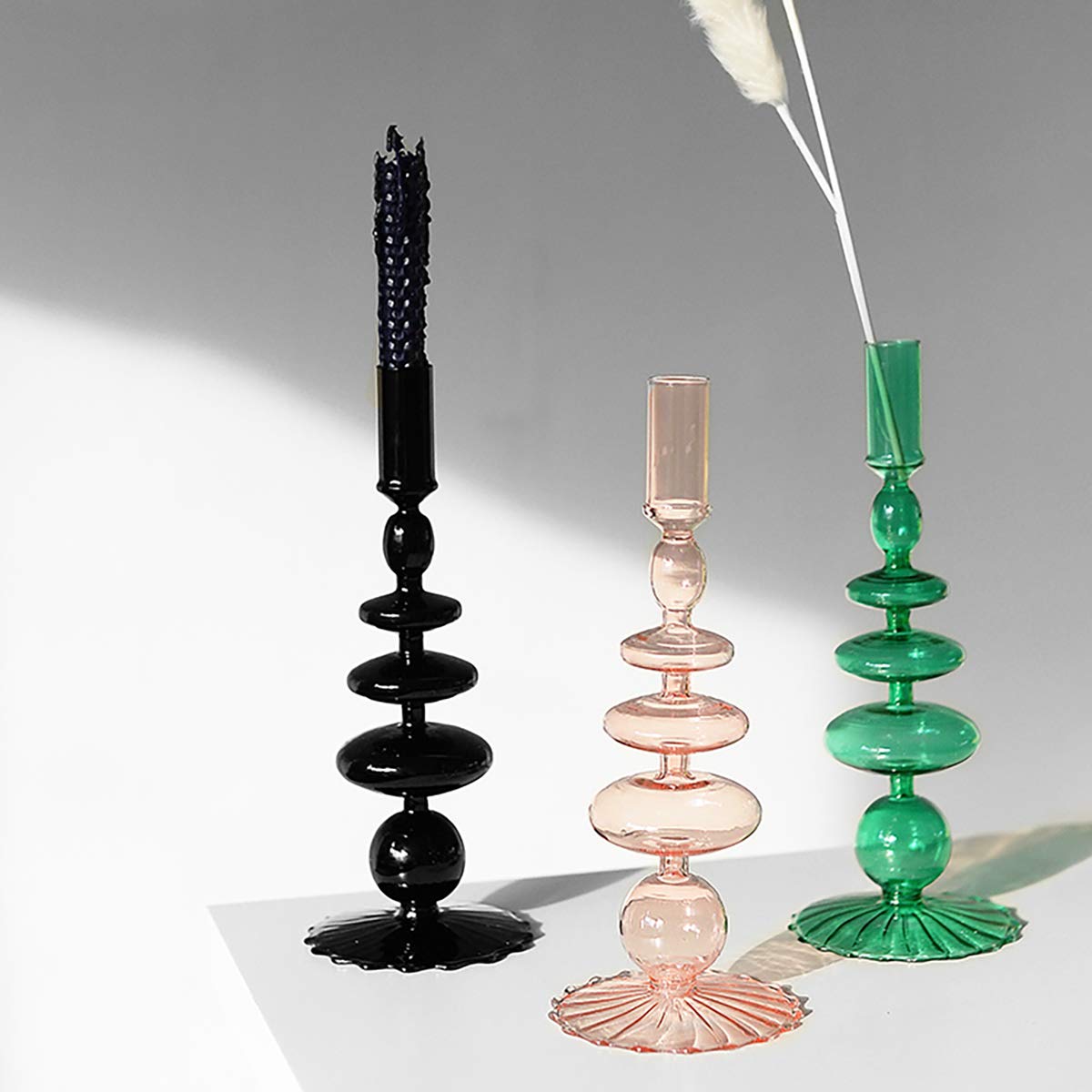 LKXHarleya Glass Candlesticks Holders, Retro Glass Candle Holder for Taper Candle Table Centerpiece Wedding Party Home Decoration, Black