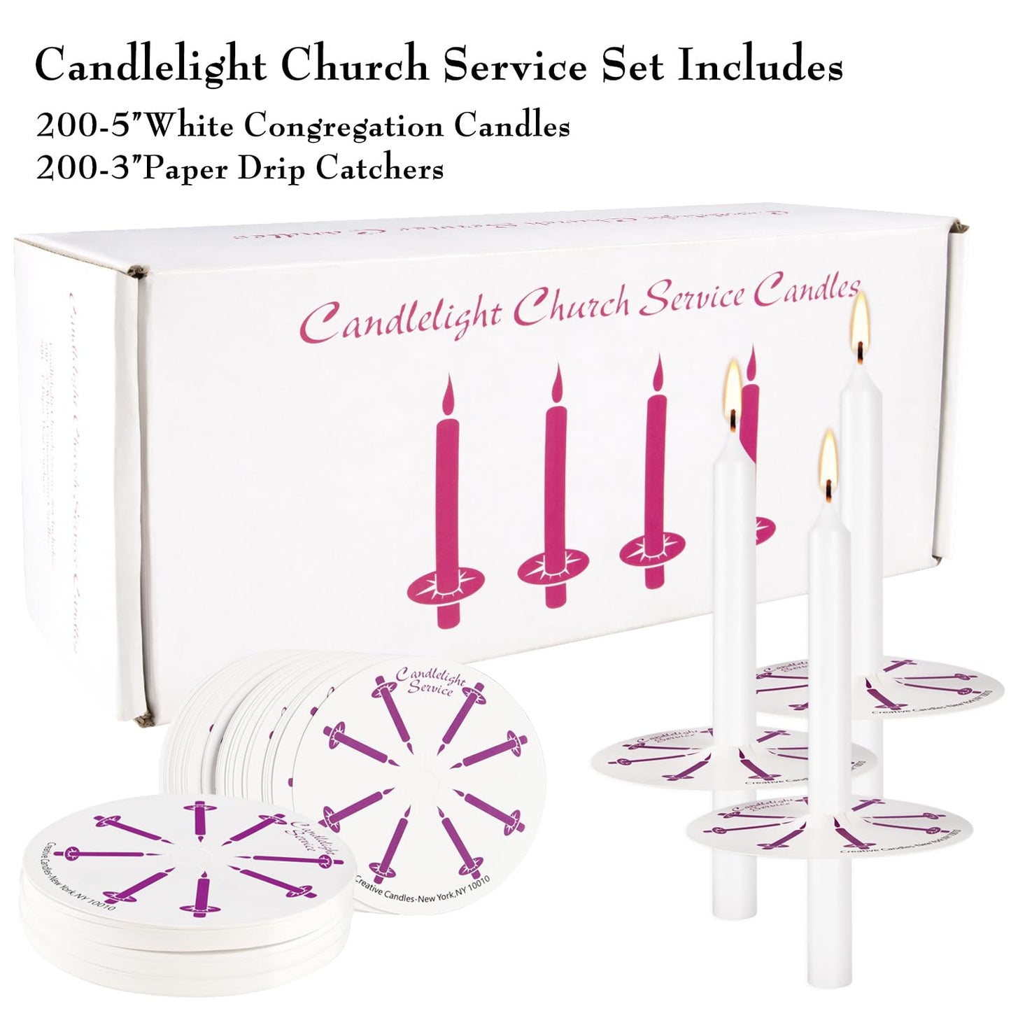Wfmolcand 200 White Taper Candles with Drip Protectors Smokeless and Unscented 4.7'' H X 0.47'' D- Handheld Drip Guard,Church for Prayers, Vigil,Memorial Services, Religion,Shabbat, Prayer Candles