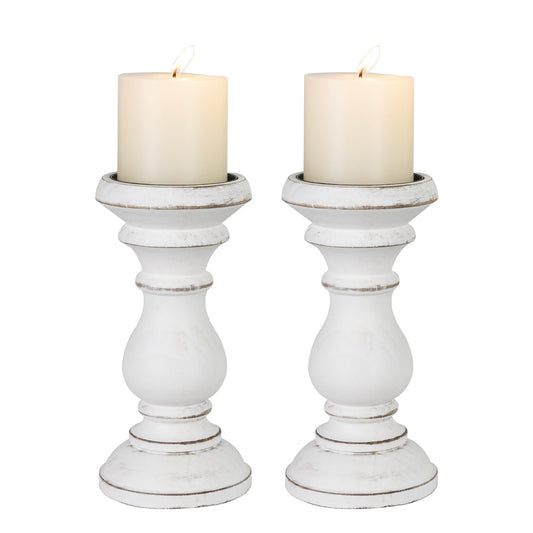Candle Holder for Pillar Candle Set of 2, Farmhouse Wood Candle Holder, Rustic Wooden Candle Stand, Vintage Wooden Candlestick Holders Decorative for Living Room, Table Centerpiece, Antique White