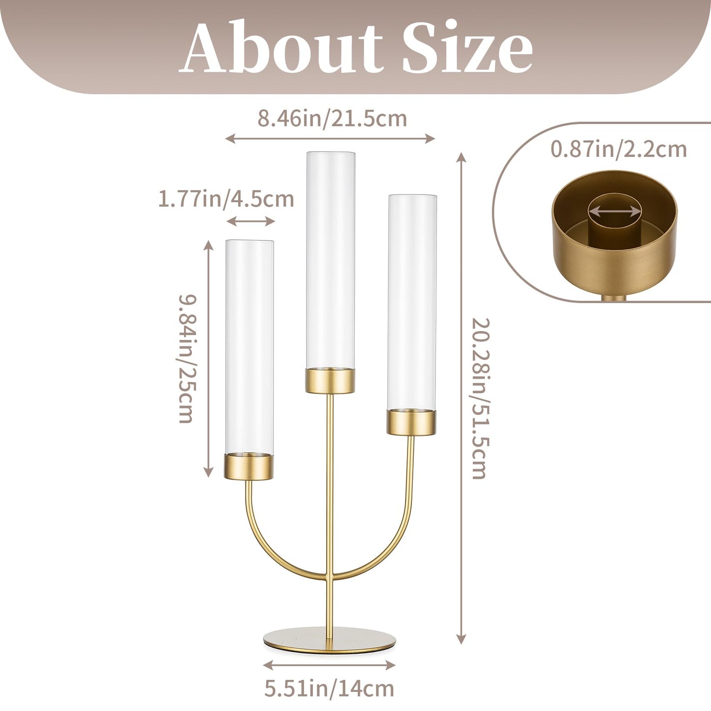 Sziqiqi Gold Candelabra for Wedding Centerpiece: 3 Arm Candle Holders with Cylinder for Taper Candle Stick - Metal Candlestick Holders Set of 2 for Christmas Engagement Table Decor