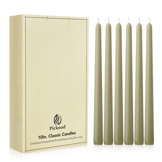 Pickood New Burning Formula Unscented Dripless 10-Inch Taper Candles Set of 12 - Sage Green, for Wedding, Dinner - Smokeless, Long Burning - Hand Poured, Colored Tall Candlesticks - Verde Salvia