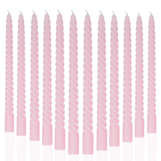 MAITREYA Pink Taper Candles Stick Spiral Twisted Candles-Set of 12 for Decoration Weddings Party Church-Unscented Dripless Candles,10inch(F-babypink)