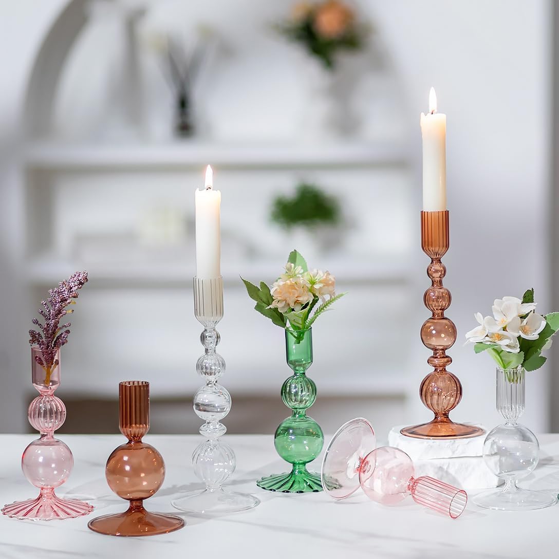 Hewory Glass Candlestick Holders Set: 3PCS Pink Candle Holder Taper Candle Holders Bulk, Crystal Ribbed Candle Sticks Holder Decor for Table Centerpiece Wedding Christmas Thanksgiving Dinner