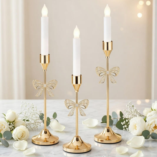 Ceenna 3 Pcs Gold Bow Taper Candle Holders, 3 Size Gold Bowknot Candlestick Holders, Candle Holder Vintage Decorative for Table Centerpiece Mantel Decor Holiday Housewarming Gifts