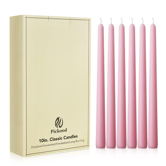 Pickood New Burning Formula Unscented Dripless 10-Inch Taper Candles Set of 12 - Pink, for Wedding, Dinner - Smokeless, Long Burning - Hand Poured, Colored Tall Candlesticks - Rosa