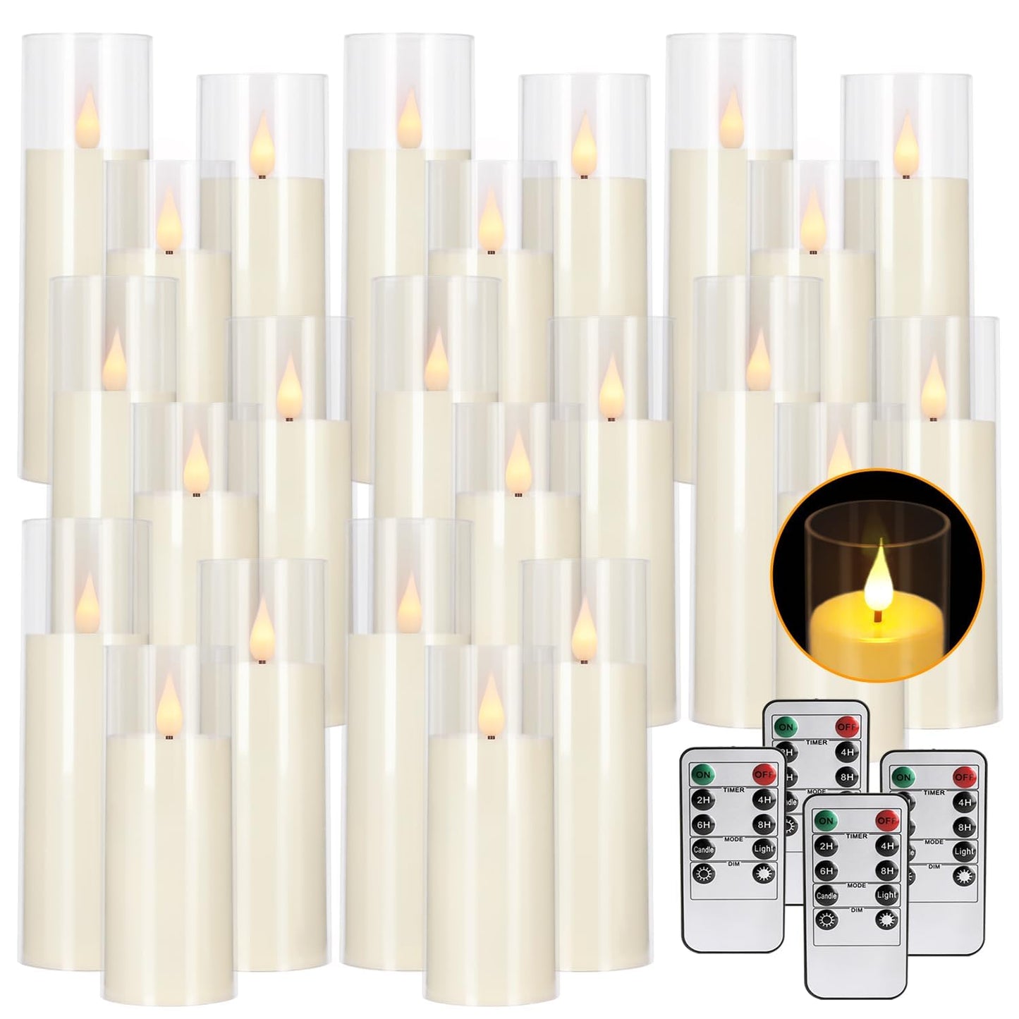 Wfmolcand 24-Pack Acrylic LED Flameless Pillar Candles with Remote & Timer, Battery Powered - Perfect for Indoor/Outdoor Decor,Wedding,BBQ and Gift - Easily Create a Magical Atmosphere.(Ivory)