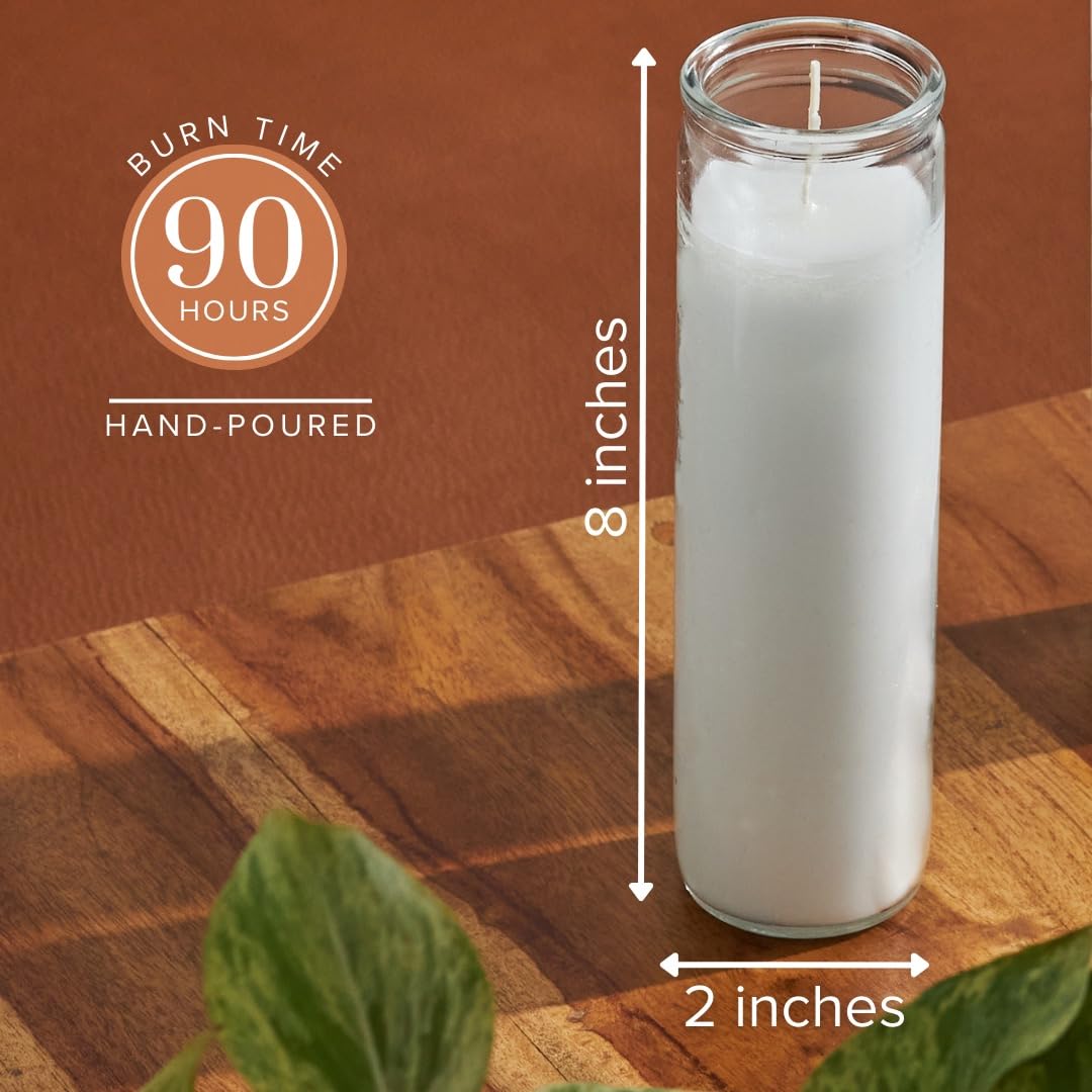 Simply Soson 2x8 inch 7 Day White Pillar Candles in Glass Set of 3, Up to 90 Hour Burn time, Unscented Prayer, Religious Candles for Memorials, Vigil, and Emergency