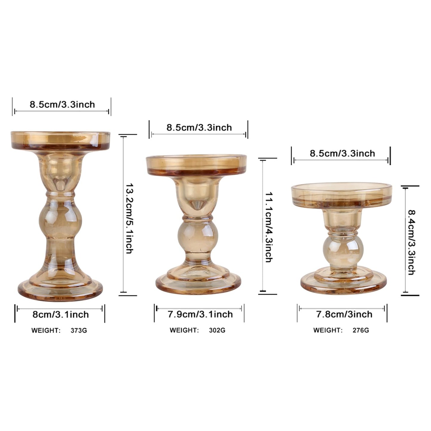 BTGLLAS 3-Piece Set of Amber Glass Candlestick, Crystal Candlestick Holder Holder and Conical Candle, Christmas Candle Holder Decoration, Family Living Room Wedding Candle Holder (Amber)