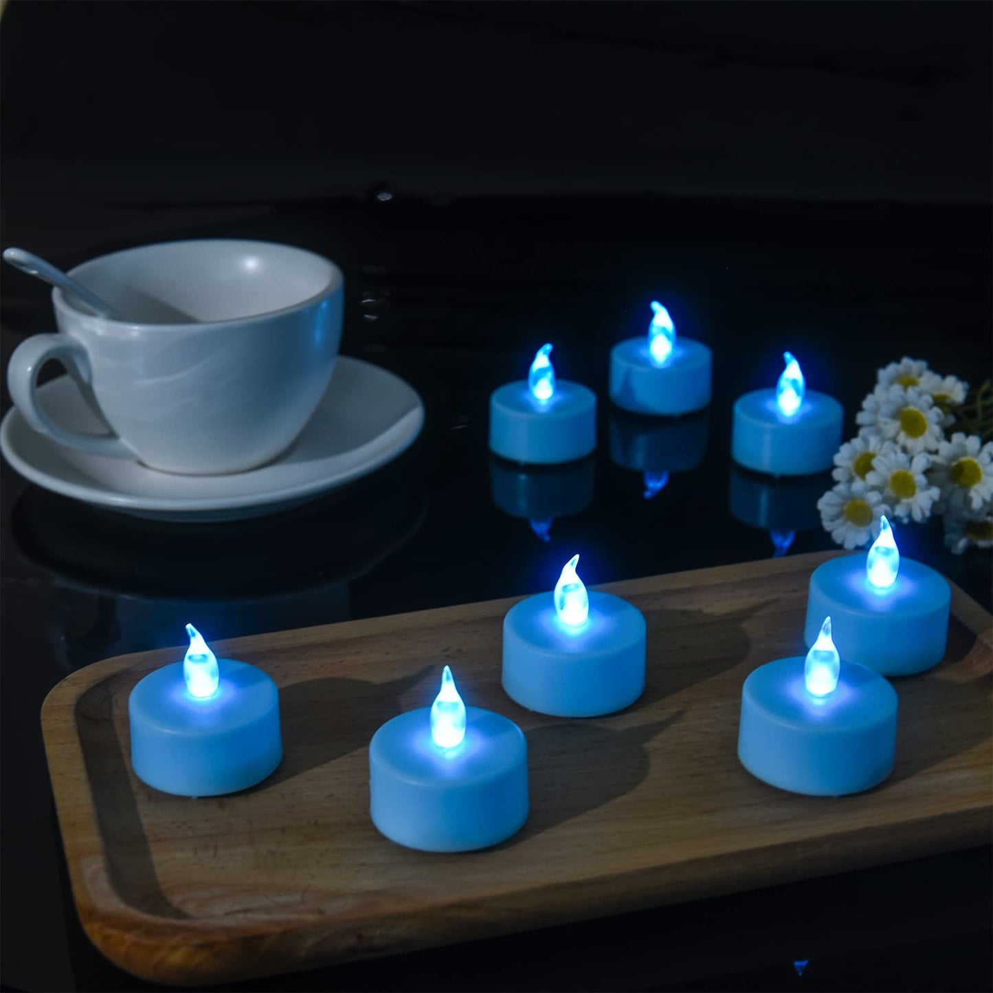 Boakboary Tea Lights Flameless Battery Operated Candles-50PACK LED Flickering Votive Candle Long Lasting 200 Hours, Realistic and Bright for Seasonal Festive Celebrations Decoration Blue