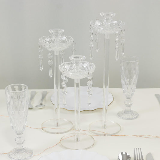 Efavormart Set of 3 Acrylic Candle Holders with Hanging Bead & Prism Accents – Taper Candlestick Stands - 11",13",15"