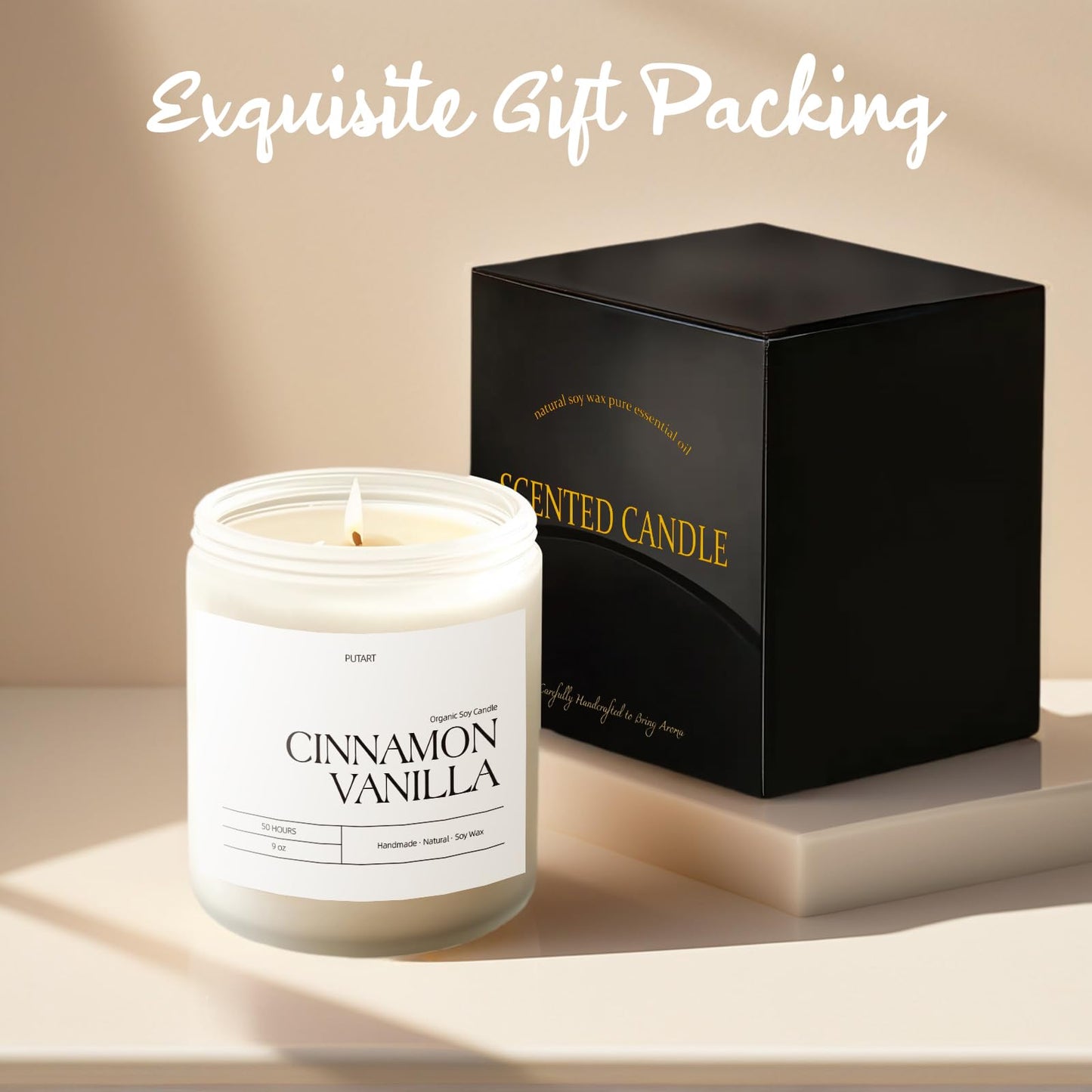 Putart Cinnamon Vanilla Candles for Home Scented, Natural Soy Wax Aromatherapy Non Toxic Heavy Scented Candle with Essential Oil, Home Fragrance Stress Relief Jar Candles Gifts for Women & Men 9oz