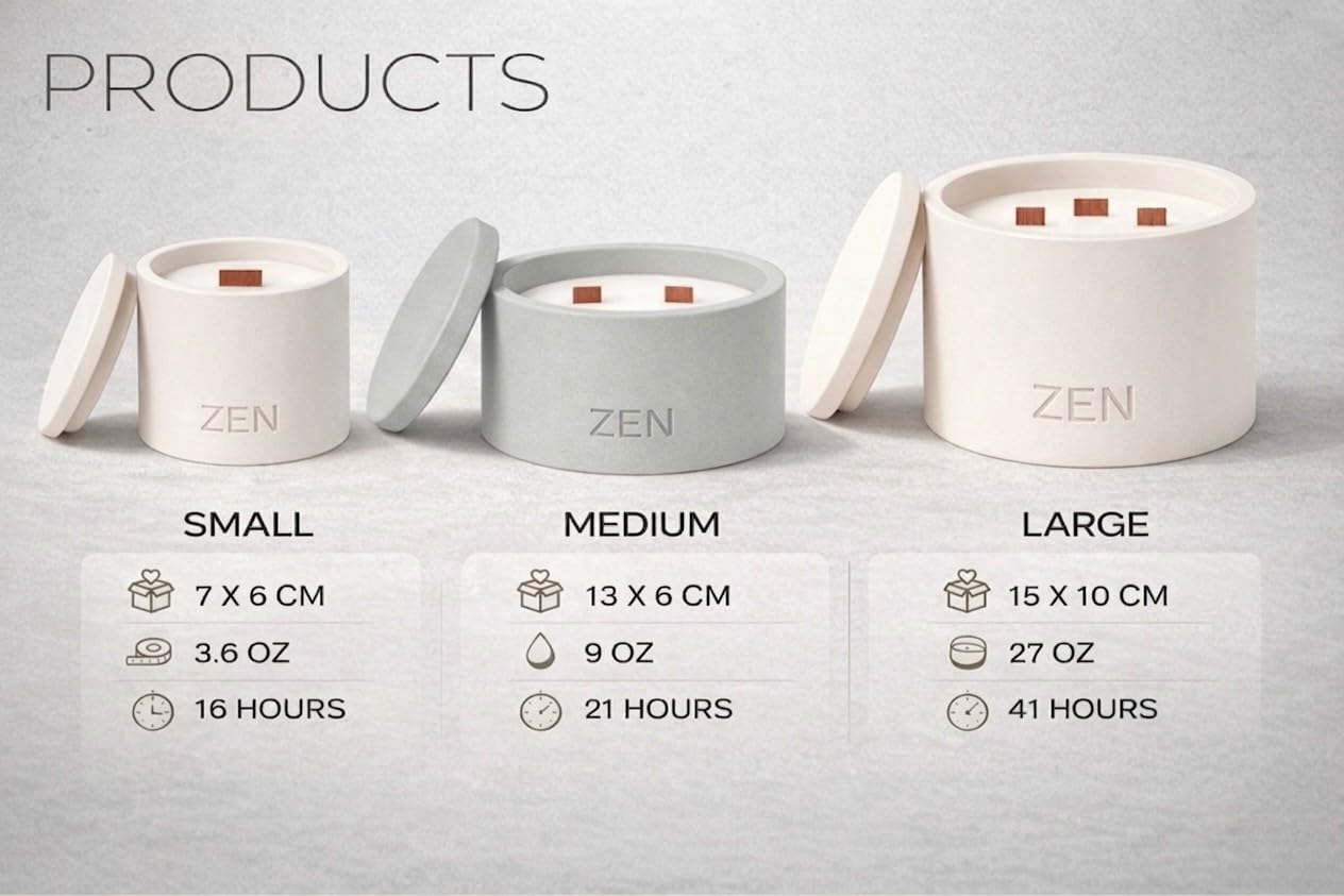 Zen Concrete Candle with Lid – Smoky Wood Sandalwood Vanilla – 100% Beeswax, Minimalist Jar, Wooden Wick, Reusable Container Plant Pot Storage – Luxury-Inspired (Cream, Small, Oud)
