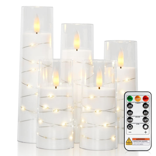 Raycare Flameless Candle with Remote Timer – 5 Flickering Acrylic Battery Operated LED Pillar Candles with Embedded Star String for Christmas, Wedding, Home Decor, and as a Gift(White)