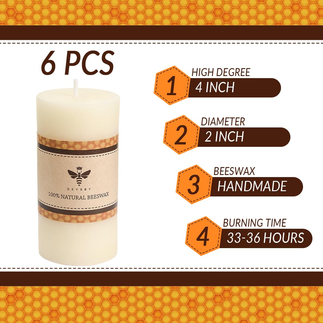 DEYBBY 2x4 inch Natural White Beeswax Pillar Candle Set of 6, Smokeless Dripless Pure Organic Beeswax Candles with Natural Scent for Wedding Home Decor Blackout Housewarming Event Gift (Cream