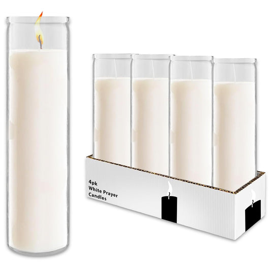 White Prayer Glass Candle Set - 4 Pack White Prayer Candles for Vigils, Prayers, Cemetery, Blessing Ceremonies | Bulk 8" Candle Kit