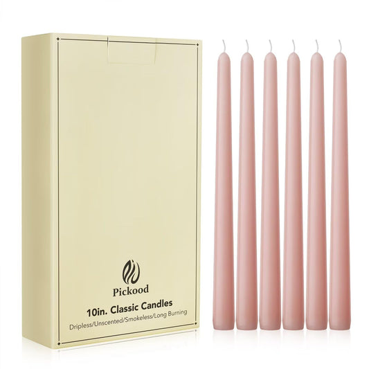 Pickood New Burning Formula Unscented Dripless 10-Inch Taper Candles Set of 12 - Pearl Blush, for Wedding, Dinner - Smokeless, Long Burning - Hand Poured, Colored Tall Candlesticks - Rubor Perla