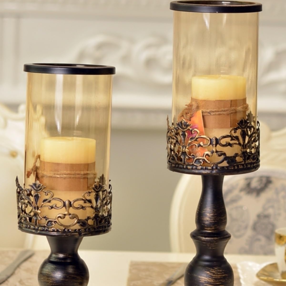 YUHUAWF Candle Holderss Retro Old Candlestick Home Living Room Porch Glass Ornaments Wedding Decoration Candle Holder Decorative Candlestick(Large)
