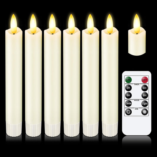 KSWING Upgraded Real Wax Short LED Flameless Taper Candles with Remote, 6 PCS White Candlesticks Battery Operated 3D Flickering - 6" Realistic Fake Candle Sticks for Home/Wedding/Fireplace Xmas Decor