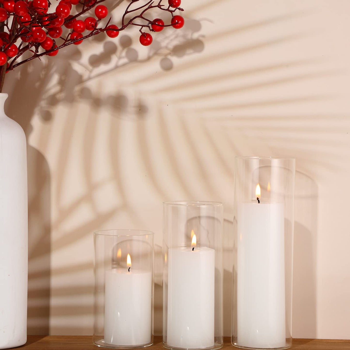 Shihanee Set of 6 Pillar Candles with Glass Cylinder Vases Clear Cylinder Hurricane Candleholders for Slim Tall Pillar Candles Wedding Table Centerpieces(2.6'' X 4.7'', 5.9'', 7.9'',White)