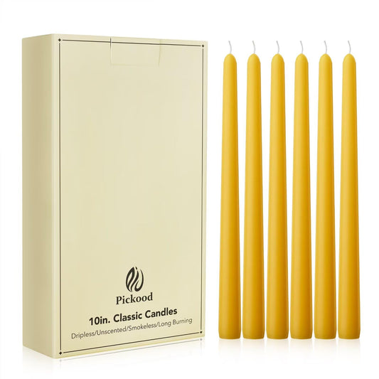 Pickood New Burning Formula Unscented Dripless 10-Inch Taper Candles Set of 12 - Lemon, for Wedding, Dinner - Smokeless, Long Burning - Hand Poured, Colored Tall Candlesticks - Limón