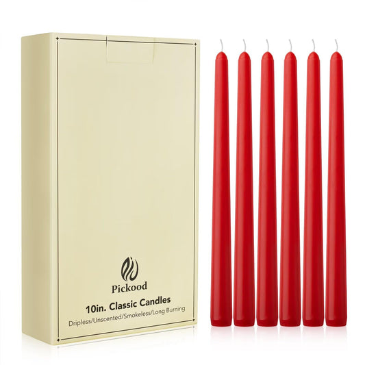 Pickood New Burning Formula Unscented Dripless 10-Inch Taper Candles Set of 12 - Red, for Wedding, Dinner - Smokeless, Long Burning - Hand Poured, Colored Tall Candlesticks - Rojo