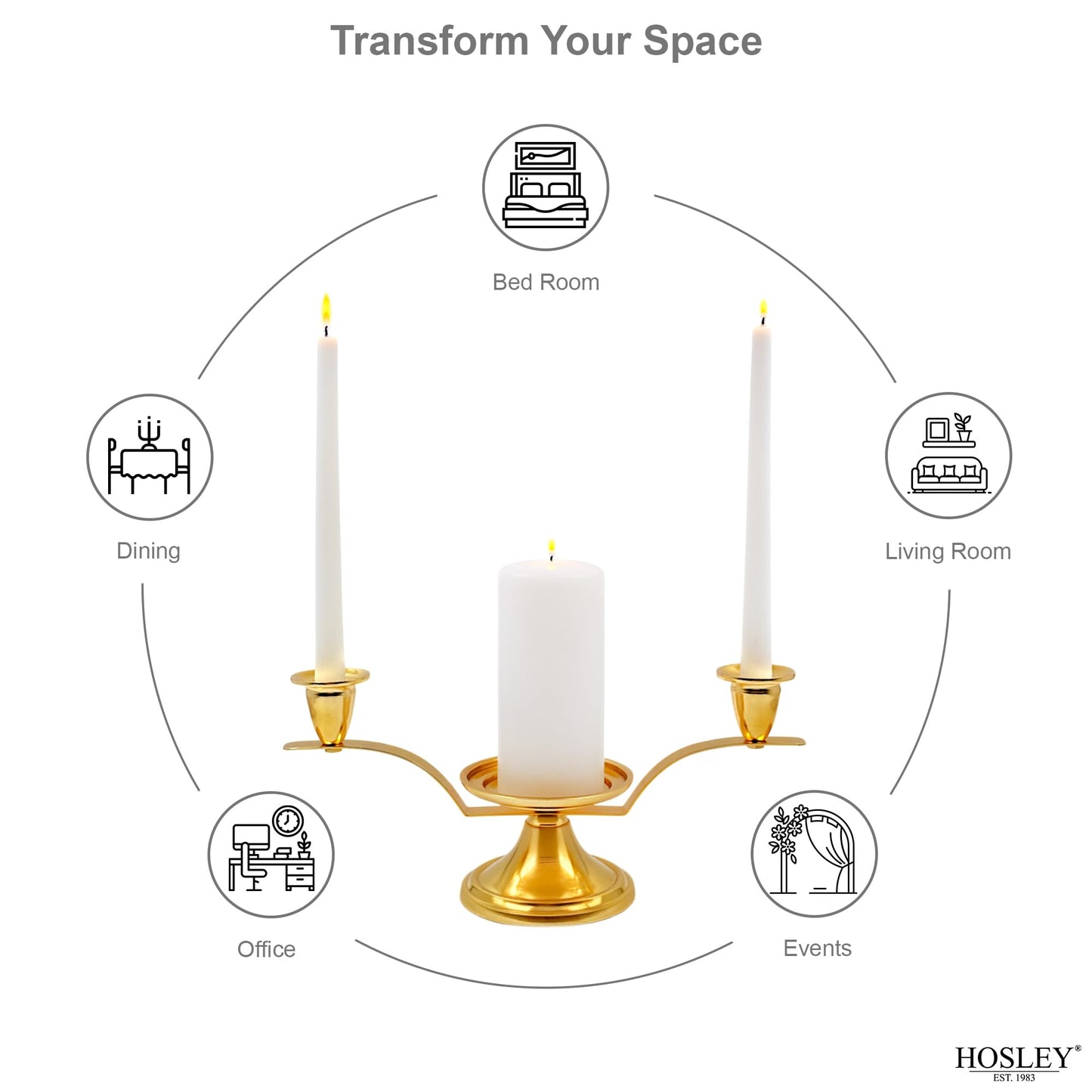 Hosley Gold Metal Unity Candle Holders Set for Wedding Ceremony, Includes 1 Pillar and 2 Taper Candles and one Metal Holder