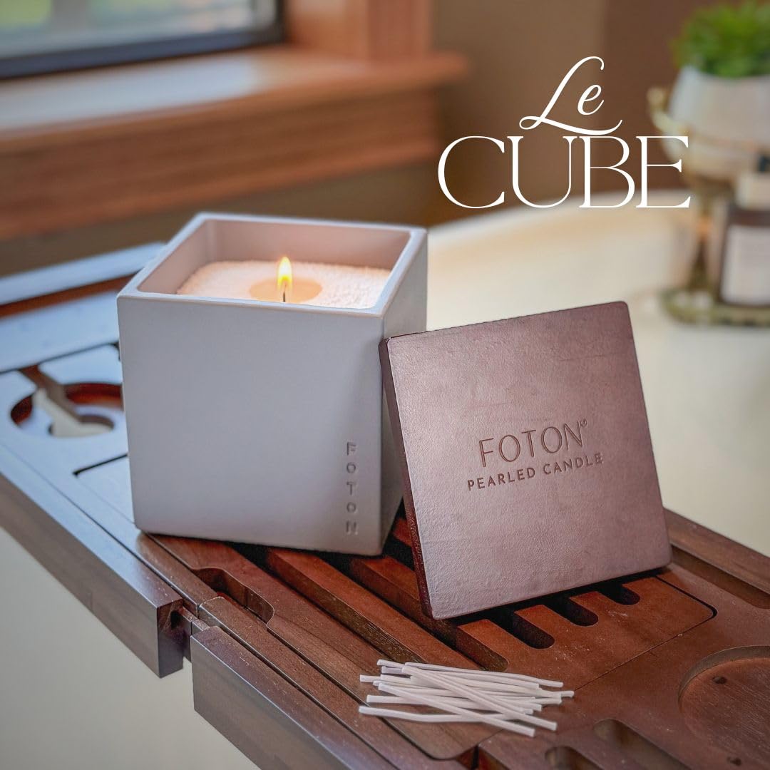 Foton Pearled Candle Le Cube Concrete Vase Set 16 Oz - Festive Fir Scented - Refillable Jar Scented Candle Sand with 15 Wicks - Natural Non-Toxic Decorative Candles for Home