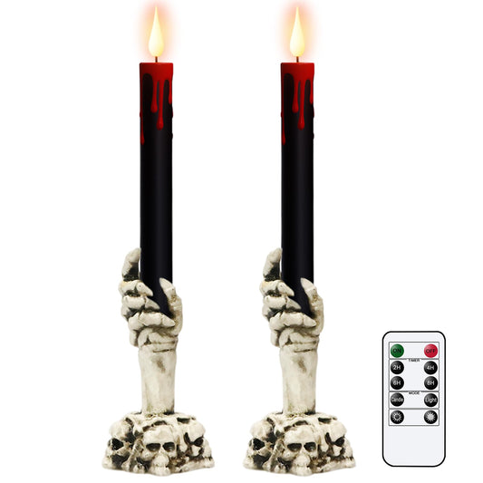 Lasumora Halloween Black Flameless Taper Candles Flickering with Remote Timer, Battery Operated Led Taper Candle, 2 Pcs Drip Wax Candlesticks with Skull Hand Candle Holder for Halloween Decorations