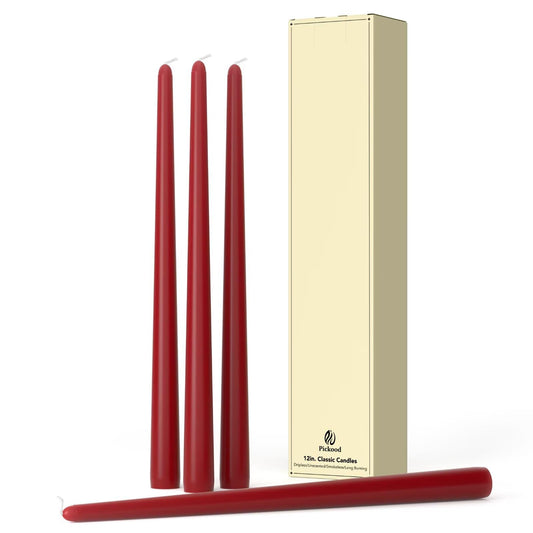 Pickood 12-Inch Tall Dripless Taper Candles Set of 4 - Dark Red Tapered Candles, Perfect for Christmas - Smokeless, Unscented, Long Burning - Hand Poured, Colored Tall Candlesticks - Bordeaux
