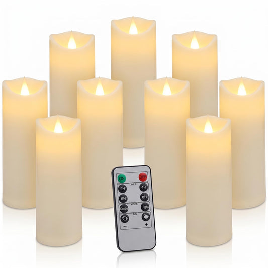 Enido 9pcs Flameless Candles with Remote, 2.2" x 5/6/7" Heat-Resistant Plastic LED Pillar Candles, Battery Operated Moving Wick Fake Candles with Timer, Realistic for Wedding, Outdoor, Home Decor