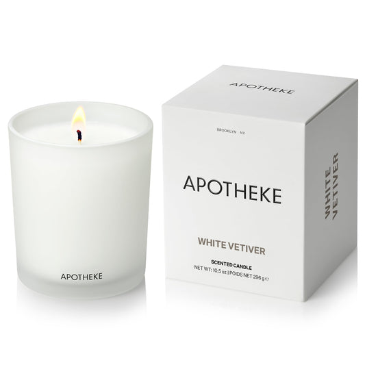 Apotheke Signature Scented Candles for Home, White Vetiver - 10.5 oz - Soy Wax, Non Toxic, Large Jar White - Luxury Candle Gifts for Women & Men - Sandalwood, Eucalyptus, and Vetiver