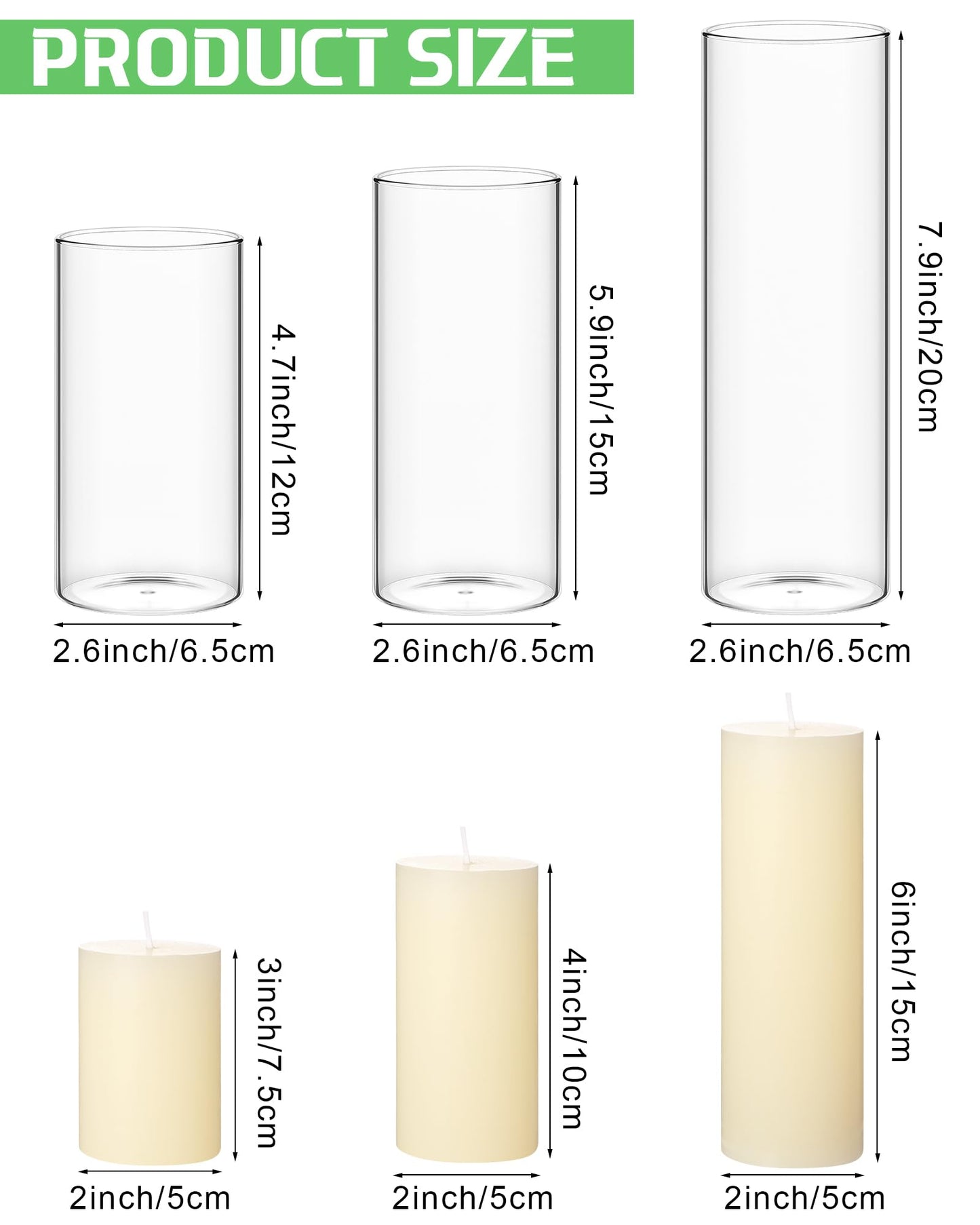 Shihanee 36 Pcs Pillar Candles and Glass Cylinder Vases Tall Cylinder Holders for Pillar Candles Wedding Centerpieces, Total 18 Sets(2.6'' X 4.7'', 5.9'', 7.9'',Clear,Ivory)
