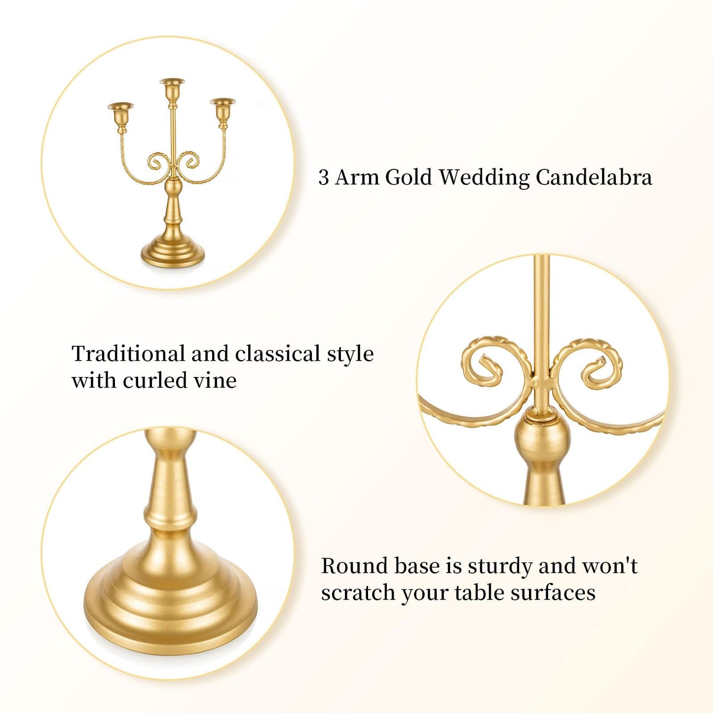 Romadedi Candelabra Gold Candle Holders - 3 Arm 11.8" Wedding Candlestick Holder for Theme Party Table Centerpiece Decor Dining Room Birthday Holiday Christmas, Set of 6
