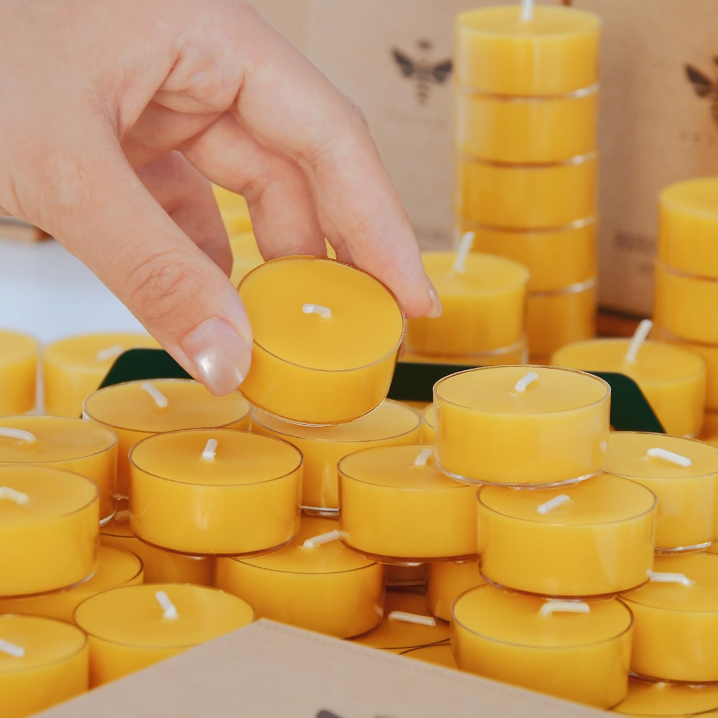 DEYBBY Natural Beeswax Tealight Candles 160 Pack, Unscented Organic Small Beeswax Candles Bulk in Clear Cup, 4-5 Hours Burn Tea Light Candles for Home Decor Emergency Bath Relaxation (Yellow)