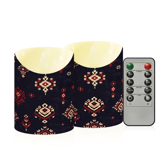 Gravopti Tribal Ikat 2 Pack Flameless LED Pillar Candles with Remote & Timer, Battery Operated, Flickering Wax Candle for Wedding, Romantic Home & Party Decor