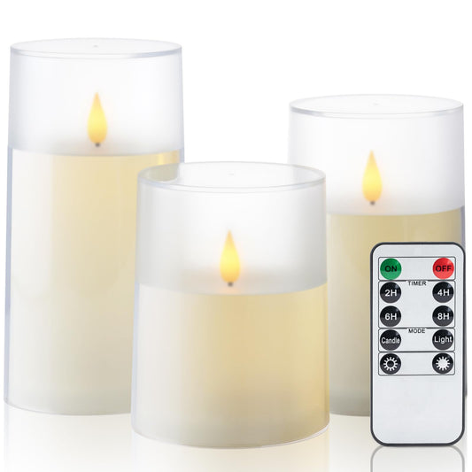 Homemory Flameless Candles Set of 3, Ivory Acrylic LED Candles Upgraded Realistic Battery Operated Flames with Remote & Timer, Waterproof for Indoor,Outdoor Decor, Halloween & Christmas Lanterns