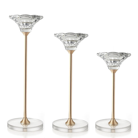 Maleoruigy Candlestick Holders, Crystal 2 in 1 Taper and Pillar Candle Holders, Set of 3 Clear Glass Candle Holder, Decorative Candle Holder Candelabra for Home Decor, Wedding, Party, Anniversary