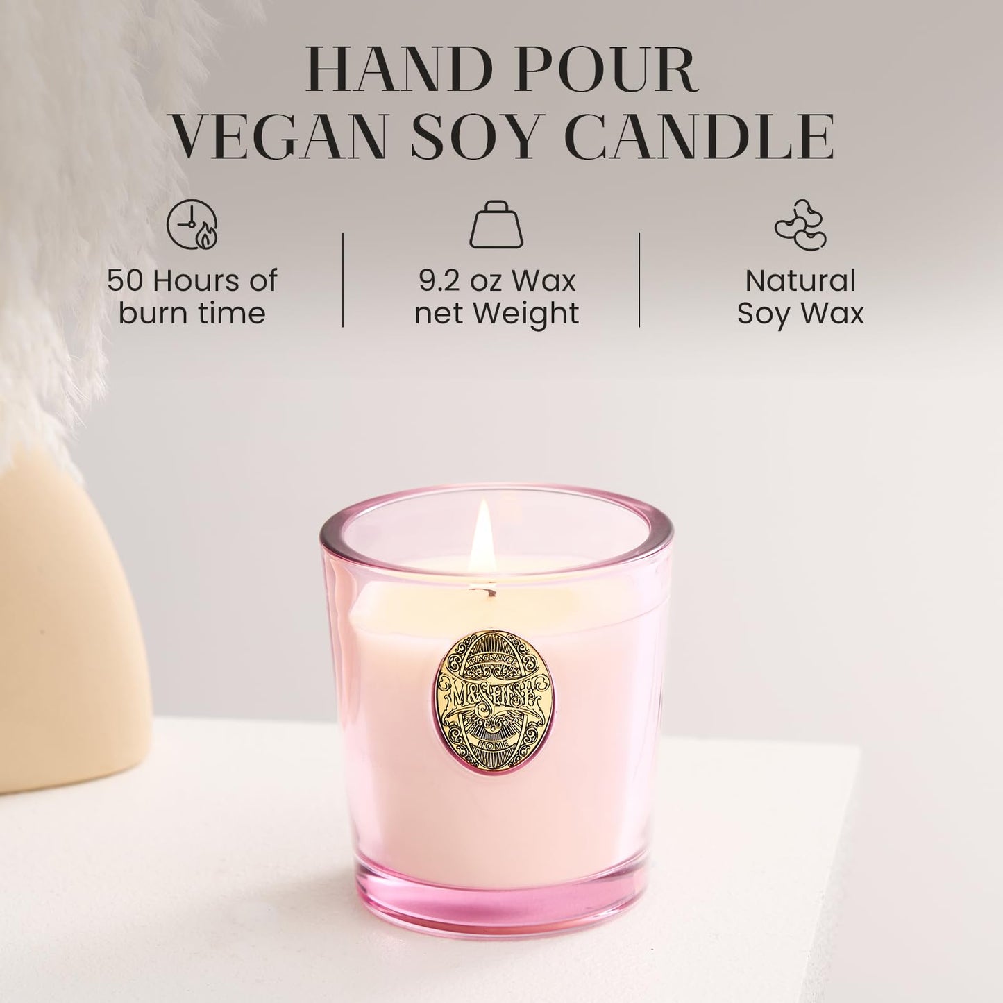 M&SENSE Natural Soy Candle | Jasmine & Pink | 9.2 oz, 50H Burn Time | Candle Gift for Her | Scented Candle for Mothers Day Gifts