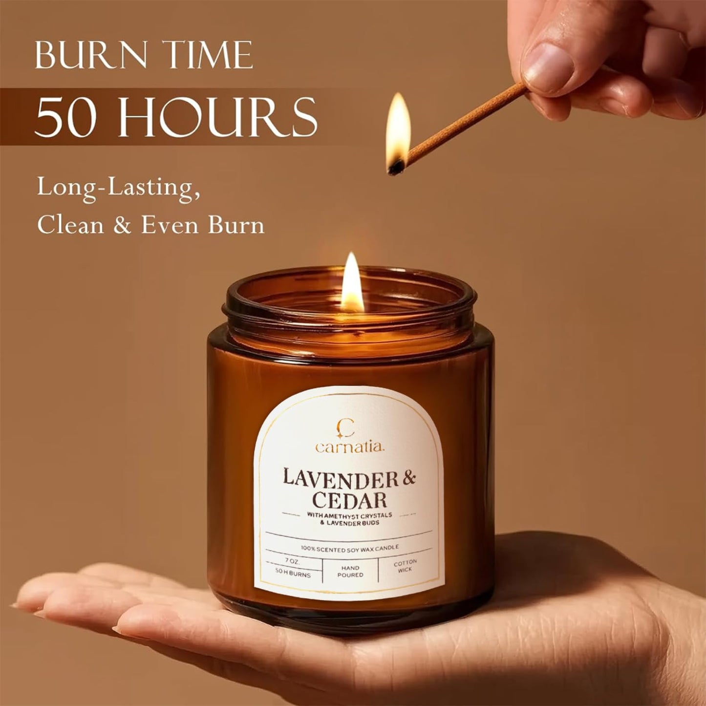 Carnatia Lavender & Cedar Scented Candle – 7 oz | 100% Soy Wax with Cotton Wick | 50 Hour Burn | Aromatherapy Candle for Home, Calm Focus & Relaxation | Gift for Women & Men