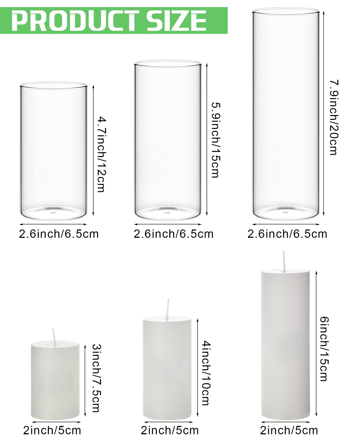 Shihanee Set of 12 Pillar Candles and Glass Cylinder Vases Clear Cylinder CandleHolders for Slim Pillar Candles Wedding Centerpieces(2.6'' X 4.7'', 5.9'', 7.9'',White)