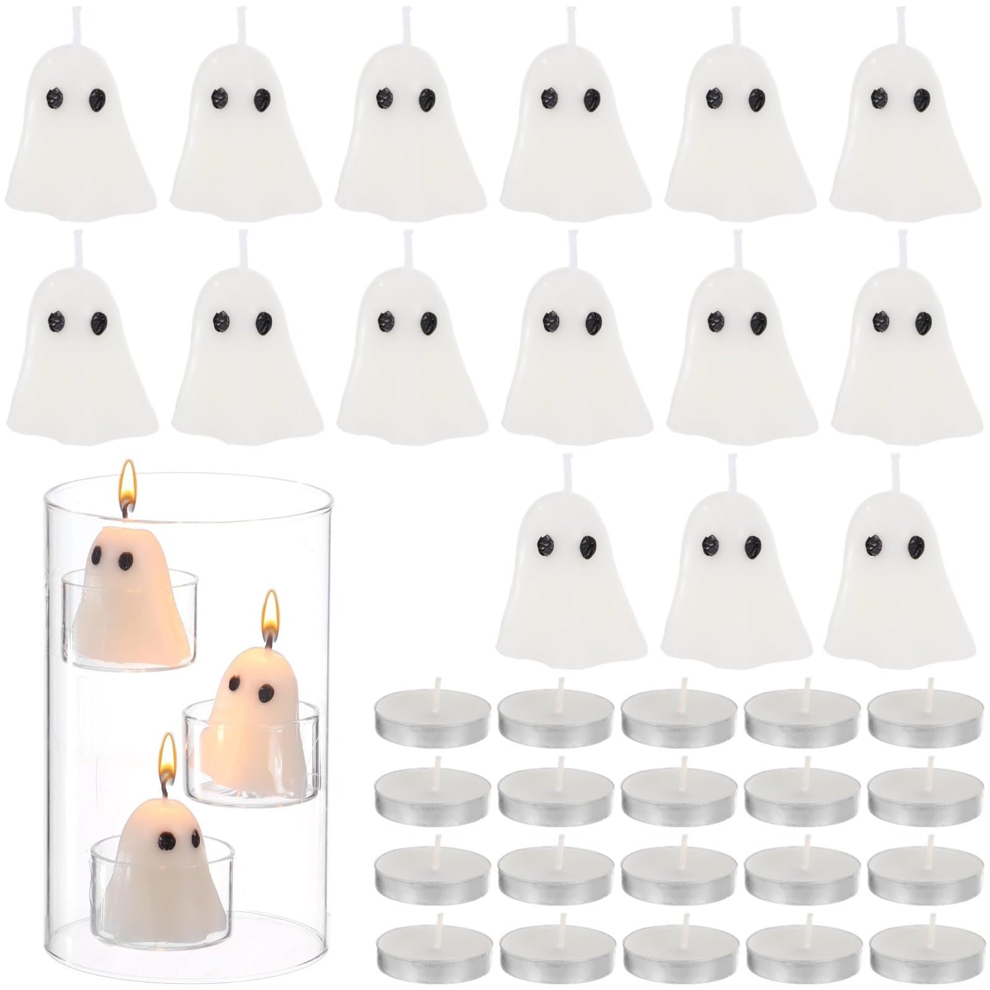 Vestamore Halloween Glass Candle Holder Set, Floating Candle Table Centerpiece Kit, Includes Cylinder Candle Holder, 15 Candles, 20 Tea Lights, for Parties, Weddings, Holidays