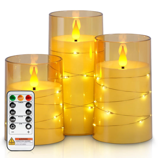 Homemory Flameless Candles with Embedded Star String Fairy Lights, Battery Operated Candles, LED Candle, Fake Candles with Remote Control and Timer, Gold, Set of 3(H 4" 5" 6”)