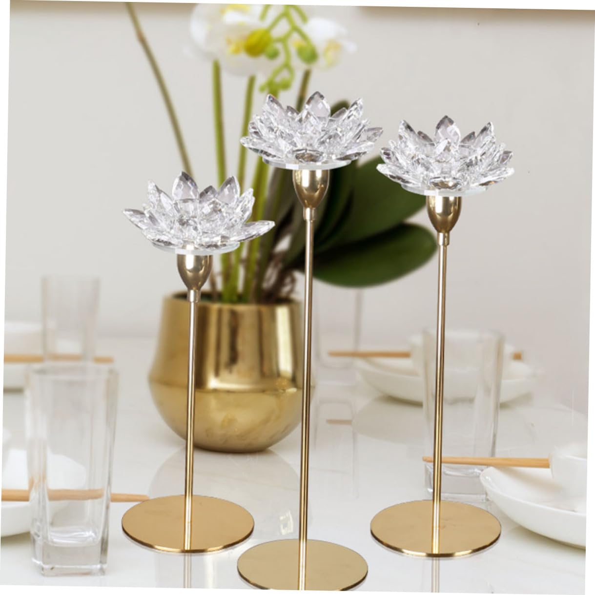 STOBAZA Modern Simple Metal Candlestick Holder Crystal Lotus Design, Small Gold Decorative Candle Stand for Wedding and Dining Room Décor