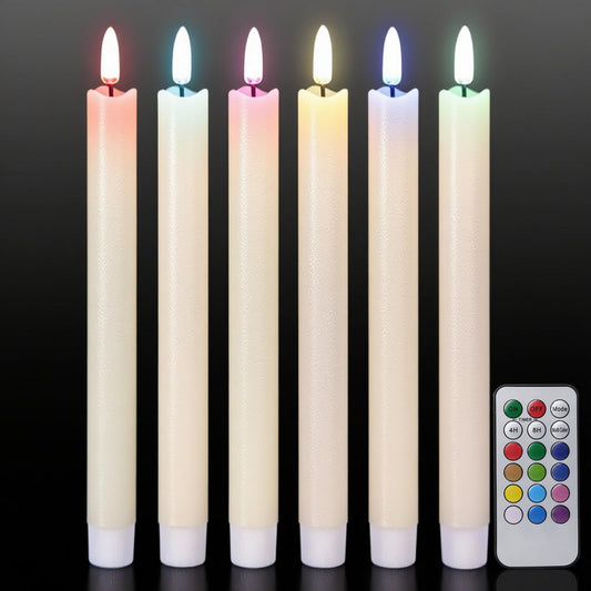 GenSwin Flameless Taper Candles with Remote, Real Wax and Color Changing Wick LED Taper Candles Battery Operated, 6 Pcs Flameless Candlesticks for Halloween Christmas Decor(Ivory, 0.78”x9.6”)