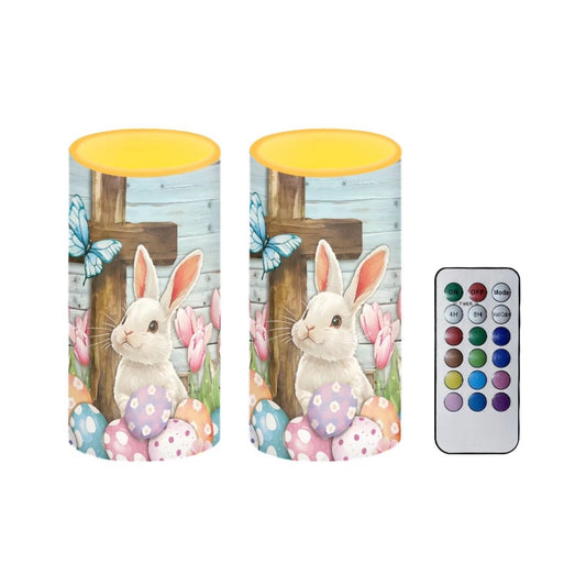 Luarisgur Easter Decorations for Home Bunny Cross Flameless Candles with Remote and Timer Battery Operated Candles 12 Color Changing Fake Candle for Home Decor Set of 2